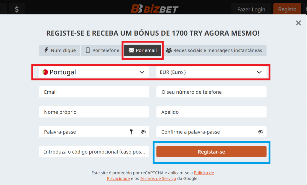 Complete o BizBet Registrar-se